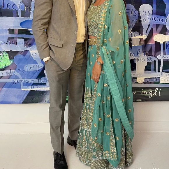 Teal Blue Heavy Lehenga, gold threading with stone and mirror accents - Picture 9 of 9